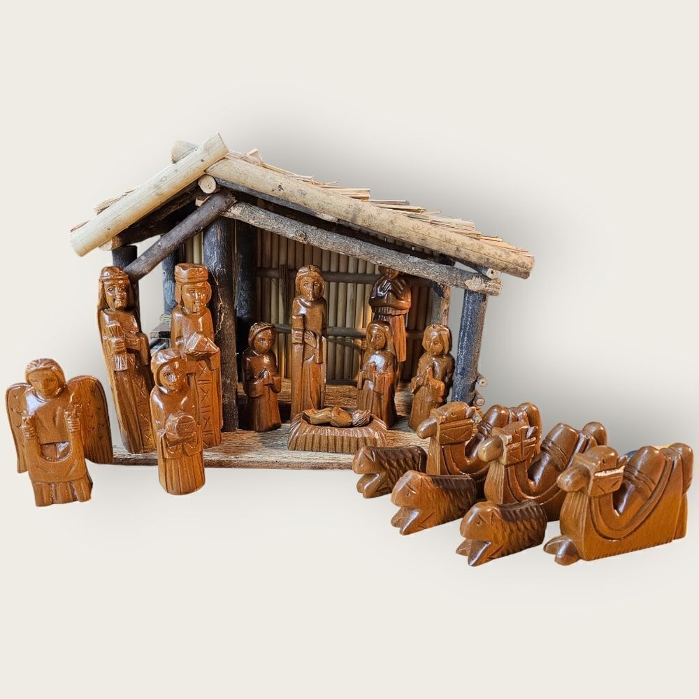 Vintage Hand Carved Wood Nativity Scene